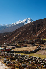 Image showing Himalaya landscape: snowed peaks and sherpa village