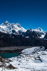 Image showing Everest, Nuptse, Lhotse and Makalu peaks. Gokyo lake and village