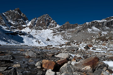 Image showing Renjo pass: mountain peaks and stream in Himalayas