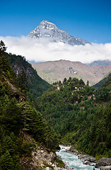 Image showing Himalaya mountains Landscape: peak, stream and forest