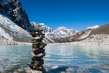 Image showing Harmony: Stone stack and Sacred Gokyo Lake