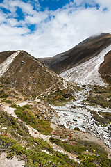 Image showing Himalaya landscape: Serpentine stream and mountains