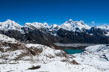 Image showing Famous peaks view from Renjo Pass: Everest, Pumori, Makalu