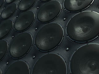 Image showing Wall of Sounds: black speakers over leather pattern