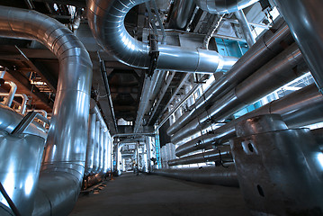 Image showing Industrial zone, Steel pipelines and cables in blue tones