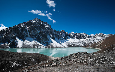 Image showing Sacred Lake and peak near Gokyo in Himalayas