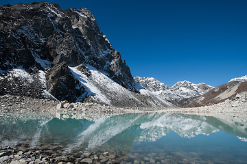 Image showing Mountain peaks and reflection in Sacred Gokyo Lake in Himalayas