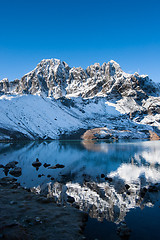 Image showing Mountains and reflection in Sacred Gokyo Lake in Himalayas