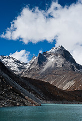 Image showing Mt. peak and Sacred Lake near Gokyo in Himalayas