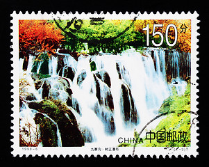 Image showing CHINA - CIRCA 1998: A Stamp printed in China shows a waterfall in Jiuzhaigou , circa 1998