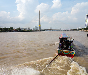 Image showing Boat on Chao Phraya river Rama Bridge