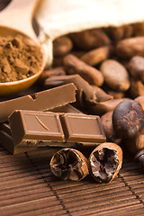 Image showing Cocoa (cacao) beans with chocolate