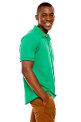 Image showing Side view portrait of smiling casual african guy