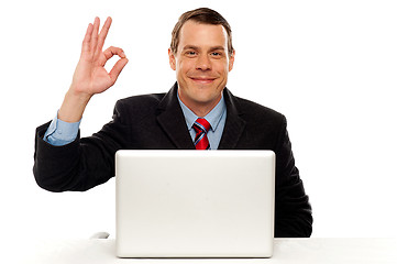 Image showing Attractive businessperson showing okay gesture