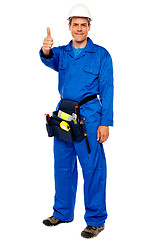 Image showing Worker with tools bag showing thumbs up