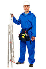 Image showing Repairman with a stepladder and tools bag