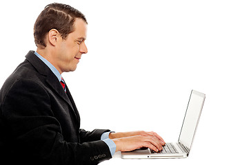 Image showing Side view of corporate male typing on laptop