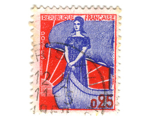 Image showing Old french stamp with lady on boat 