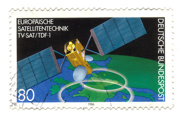 Image showing GERMANY-CIRCA 1980 A stamp printed in Germany shows european sat
