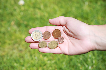 Image showing Female hands opened with euro coins