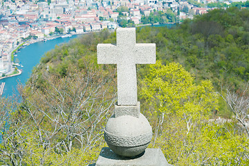 Image showing View of Lugano from San Salvatore mountain with a cross in front