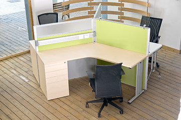Image showing office desks and black chairs cubicle set 