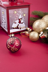 Image showing beautiful christmas decoration in gold and red color 