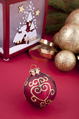 Image showing beautiful christmas decoration in gold and red color 