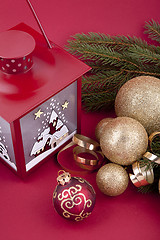 Image showing beautiful christmas decoration in gold and red color 