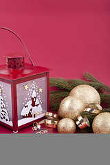 Image showing beautiful christmas decoration in gold and red color 