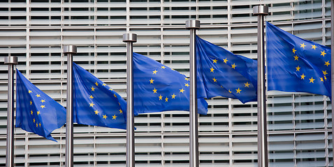 Image showing European flags in front of the Berlaymont building, headquarters of the European commission in Brussels.
