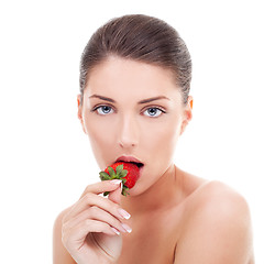 Image showing woman's face with red strawberry 