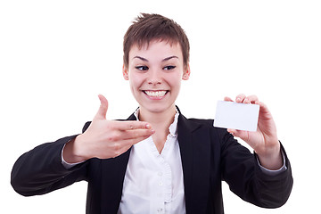 Image showing woman pointing at blank card