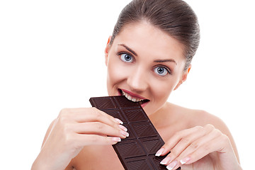 Image showing woman, biting chocolate bar