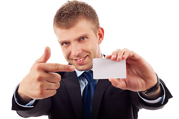 Image showing business man shows his business card