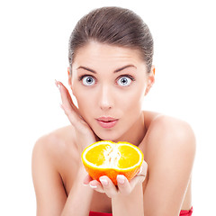 Image showing amazed woman holding an orange