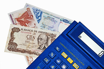 Image showing Euro-crisis,calculator with Peseta and Drachm banknotes