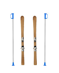 Image showing Pair of old wooden alpine skis isolated