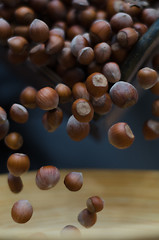 Image showing Hazelnuts in Motion Tumbling into Bamboo Bowl