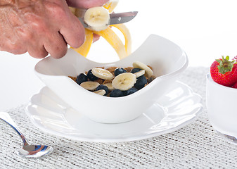 Image showing Breakfast of bran flakes blueberries