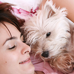 Image showing Dog sleeping on bed 