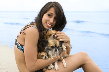 Image showing chihuahuas and girl on the beach