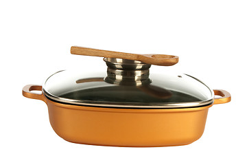 Image showing cookware, nonstick pan and wooden spoon