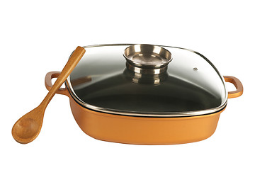 Image showing cookware, nonstick pan and wooden spoon