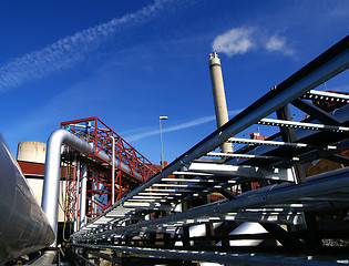 Image showing Industrial zone, Steel pipelines and cables in blue tones