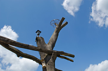 Image showing Park gate sky. Bird nesting-box wheel stork nest 