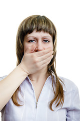 Image showing young girl covers her mouth with his hands