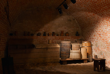 Image showing wooden barrels at an basement