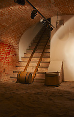 Image showing Wine barrels in the old cellar