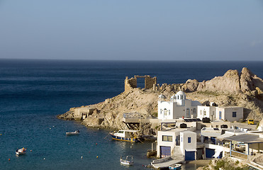 Image showing houses built into rock cliffs on Mediterranean Sea Firopotamos M